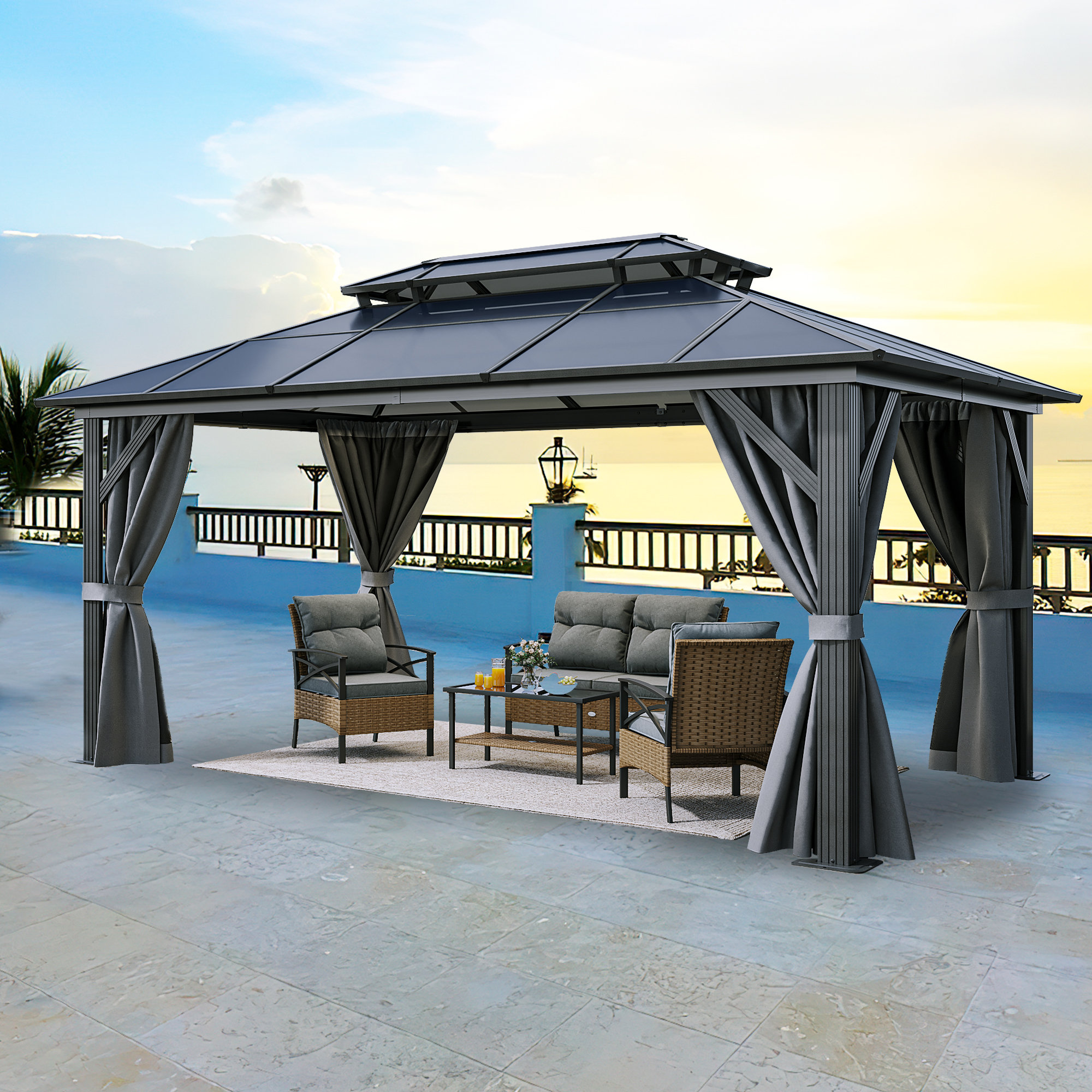 Balconera Outdoor Aluminum Double Roof Patio Gazebo With Curtains